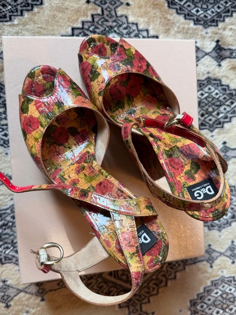 D&G Floral Patent Leather Peep-Toe Platform Sandals - Multicolor